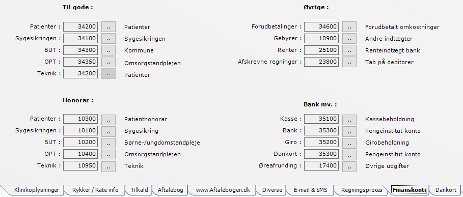 klinikindstillinger - Finanskonti